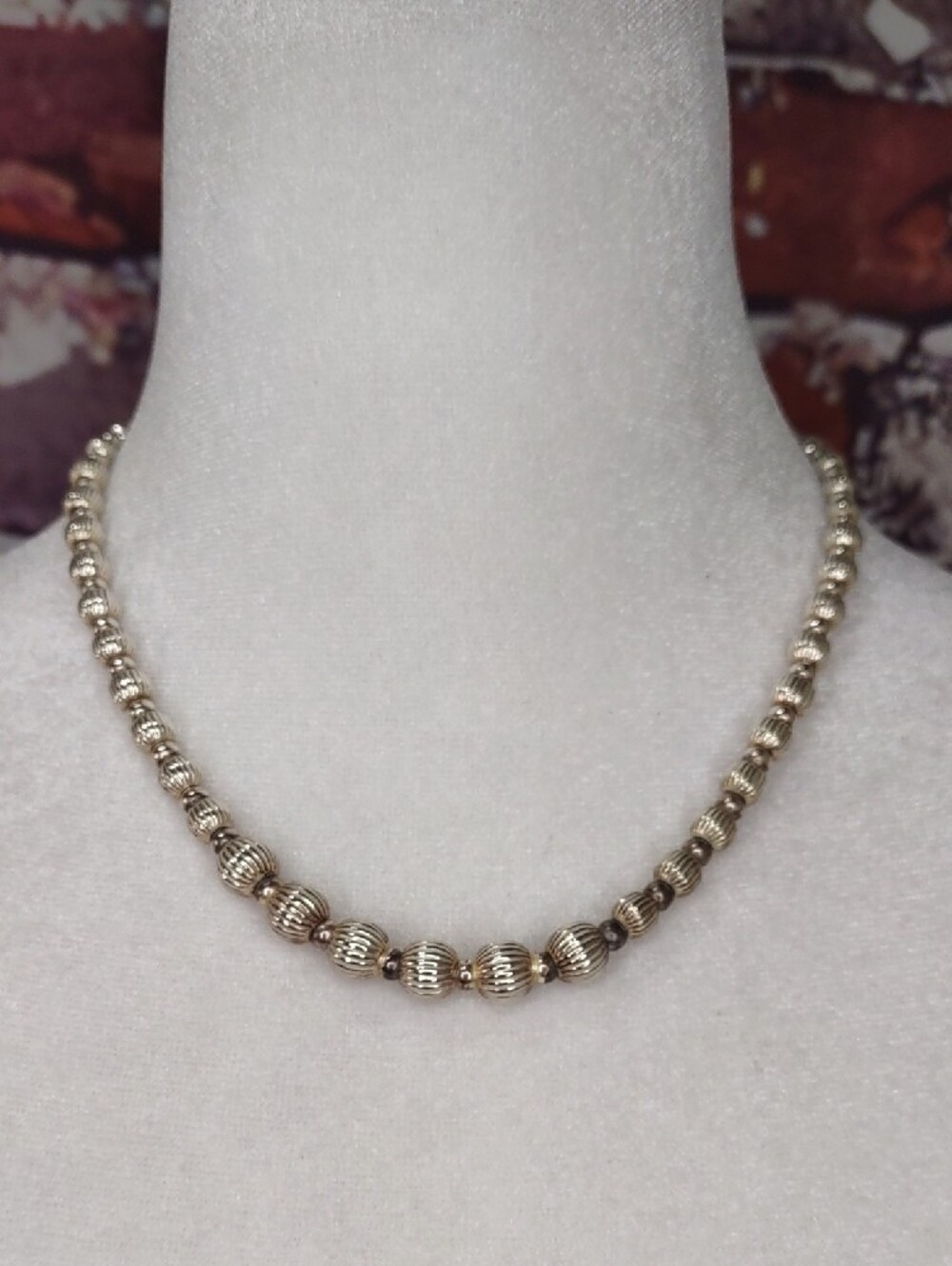 Sterling Silver Graduated Ribbed Bead Necklace - Picture 2 of 8